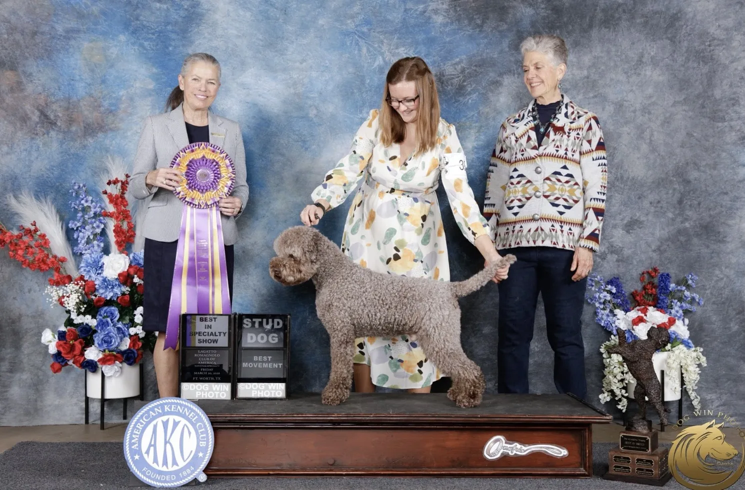MBIS NBISS GCHS Horizon All American, Chip, stacked with his Best in Specialty Show rosette at the Lagotto Romagnolo Club of America National Specialty, Fort Worth, Texas, March 2026